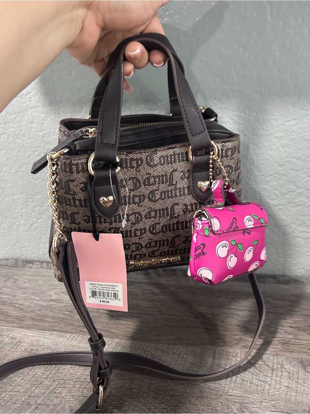 Juicy Couture Brown Logo Mini Satchel with Pink Cherry Charm Pouch